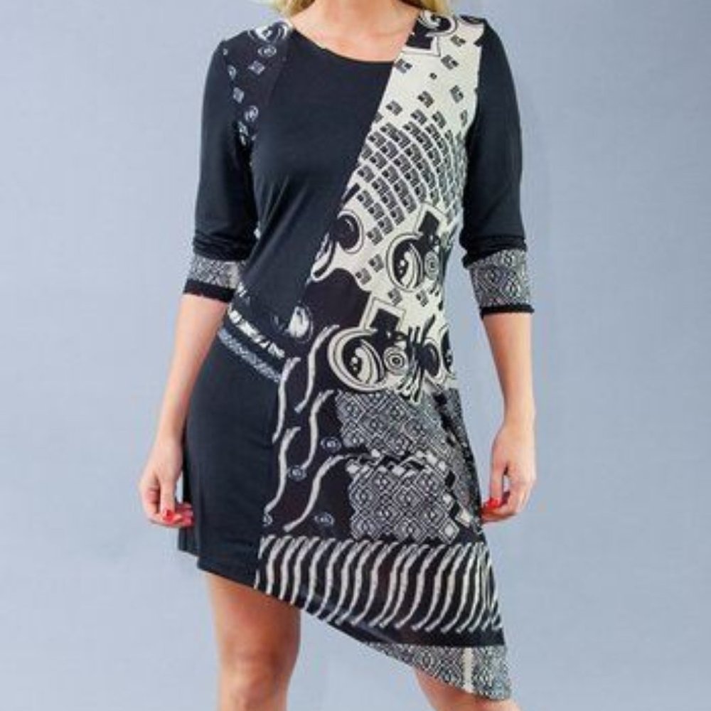 XL Black & Ivory Geometric Asymmetrical Dress
